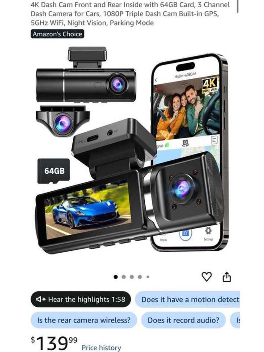 4K Dash Cam Front and Rear Inside with 64GB Card, 3 Channel 1080P Triple Dash